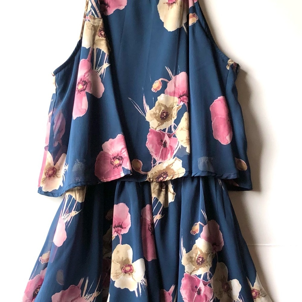 Peach Love California Blue Floral Print High Waisted Halter Neck Chiffon Romper - Picture 8 of 16